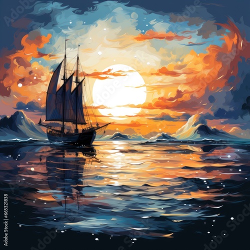 Sailboat Under A Starry Sky Starlit Sailing Nighttime, Cartoon Illustration Background