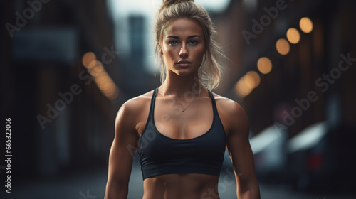 Strong slim fitness woman in a sports top standing on a city street, training outdoors