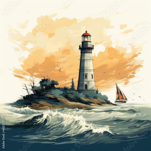 Sailing Past A Historic Lighthouse Coastal Navigation , Cartoon Illustration Background
