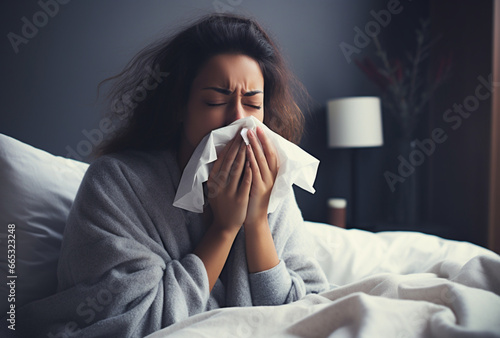 beautiful sick woman blowing her nose with a tissue. flu and cough. AI Generated Images photo