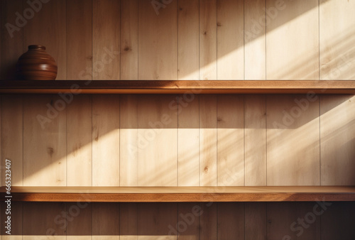 Empty wooden shelves floating on a minimalist wall, for photo frame decoration. AI generated Images