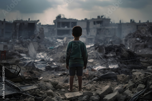 A child is standing in front of a destroyed building because of the war. © AgungRikhi