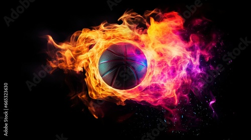 Basketball with neon-colored powder explosion isolated on a black backdrop.