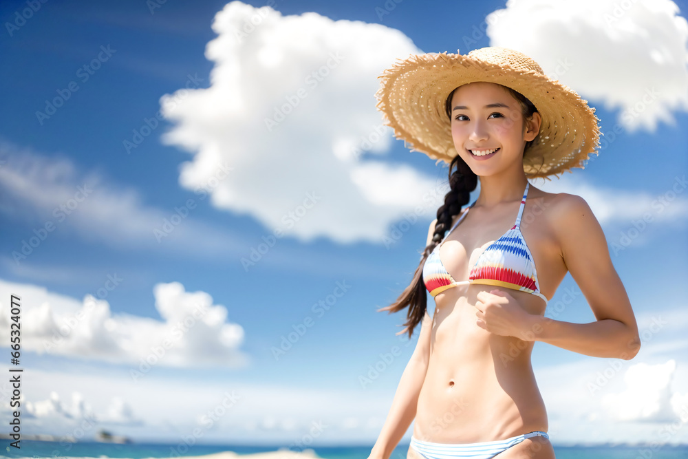 青空をバックに健康的に微笑む麦わら帽子姿の若い日本人女性