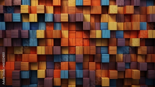 Blocks of colorful wood stacked in a wooden theme. 