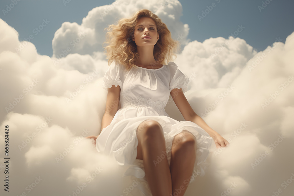 blond woman relaxing sitting on a cloud in morning sun wearing white dress
