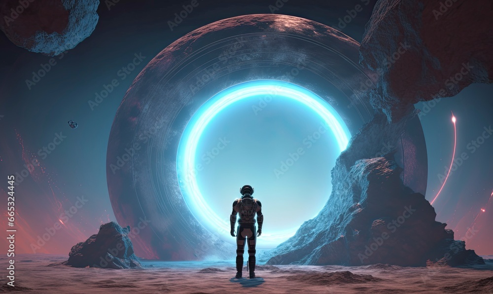 Astronaut in front of dimensional portal.