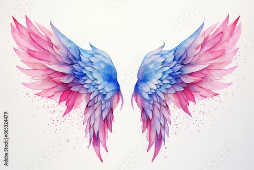 Beautiful magic watercolor blue pink wings. © Dibos