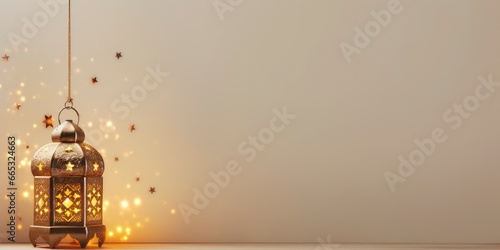 Celebration of islamic eid mubarak and eid al adha lantern in a light background.