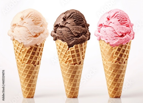 Chocolate, vanilla and strawberry Ice cream in the cone on white background.