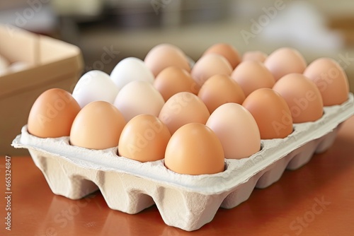 Close up of open carton of fresh store bought white eggs.