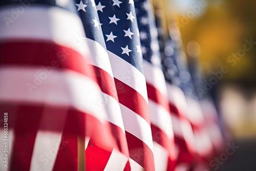 Closeup of an American flag in a row.