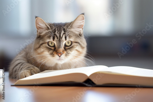 Cat in front of open book