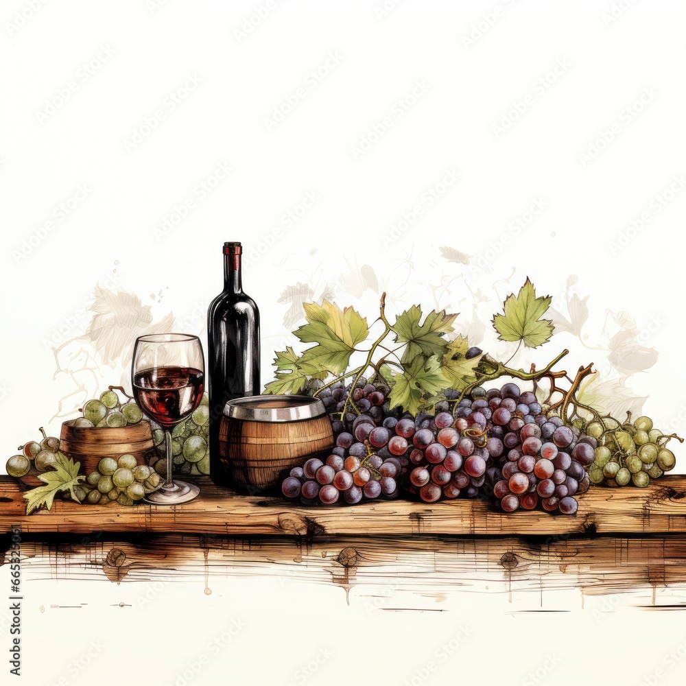 Wine And Grapes On A Rustic Table Vineyard Table, Cartoon Illustration Background
