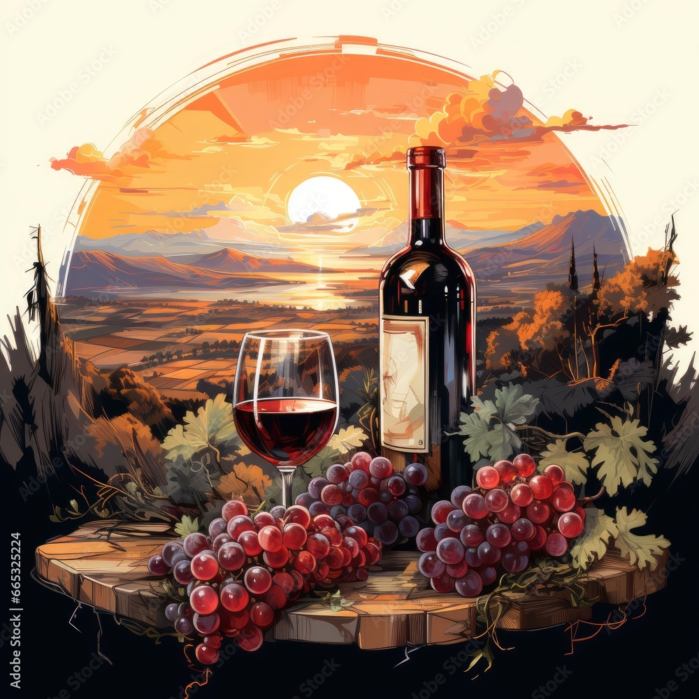 Wine Bottle And Vineyard Sunset Vineyard Sunset , Cartoon Illustration Background