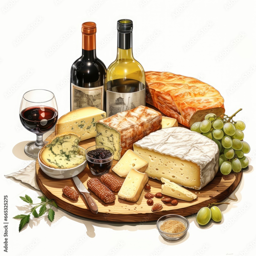 Wine Bottle With A Cheese Platter Wine And Cheese, Cartoon Illustration Background