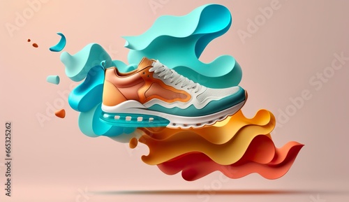 Flying trendy sneakers on creative colorful background, Stylish fashionable concept.