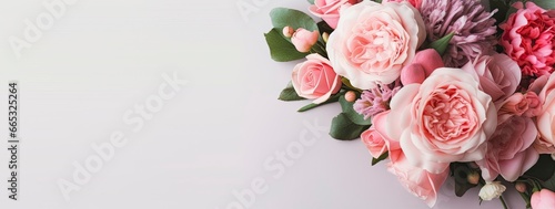 Fresh bunch of pink peonies and roses with copy space. #665325264