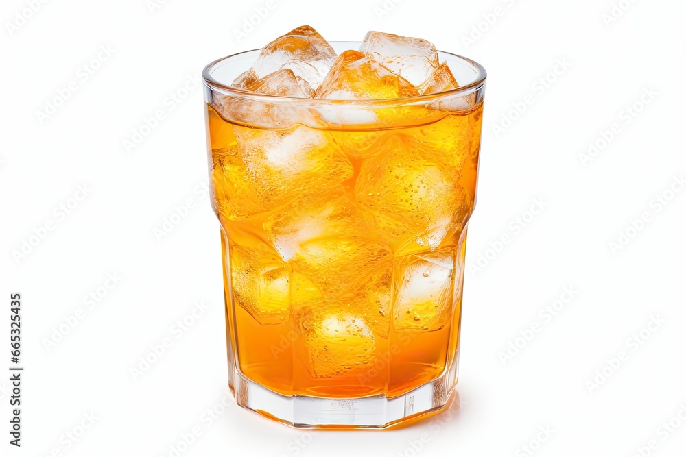 A glass of orange soda water with ice cubes on white background. A glass of orange soda water with ice cubes on white background.