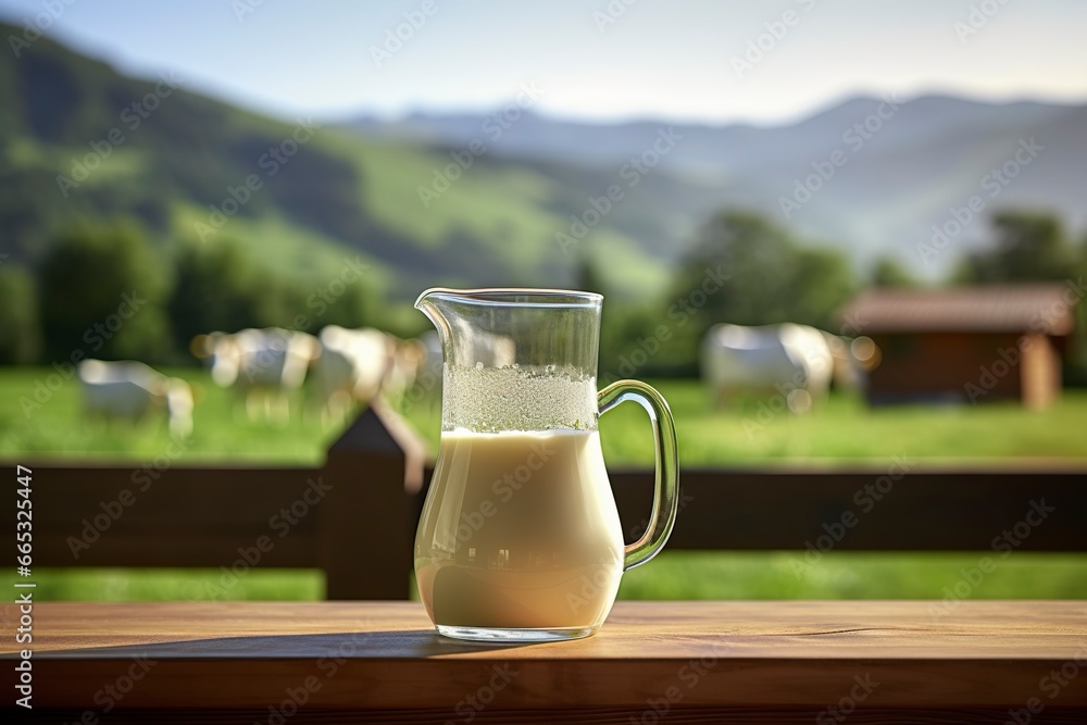 Glass pitcher with fresh milk on a wooden table. Glass pitcher with fresh milk on a wooden table.