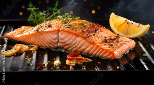 Gourmet cutlet of fresh salmon seasoned with herbs, spices, and lemon zest grilling on a griddle. © Dibos