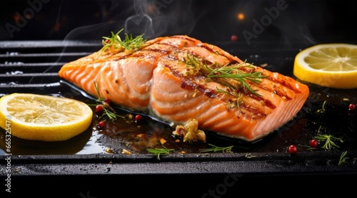 Gourmet cutlet of fresh salmon seasoned with herbs, spices, and lemon zest grilling on a griddle.