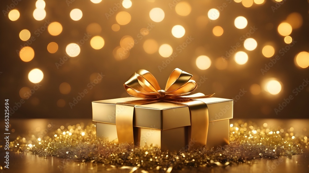 Luxury gift box with golden bokeh background Luxury gift box with golden bokeh background