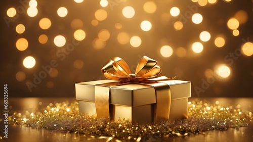 Luxury gift box with golden bokeh background