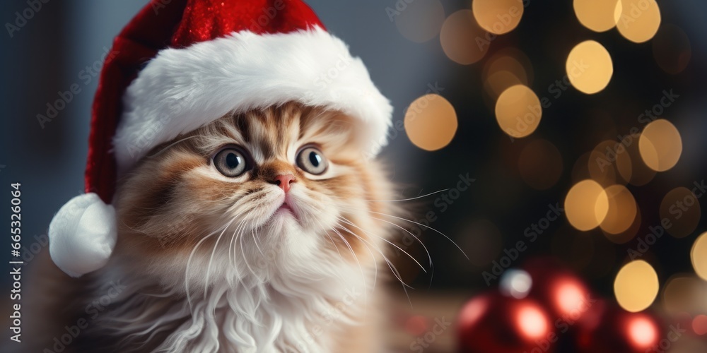 Portrait of a cat with a Santa hat empty space. Generative AI. Portrait of a cat with a Santa hat empty space. Generative AI.