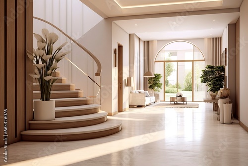 The interior design of the modern entrance hall with a staircase in the villa. photo