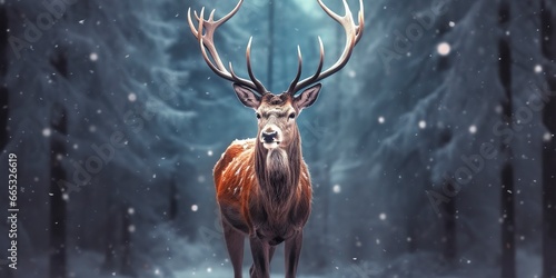 Noble deer male in the winter snow forest. Artistic winter Christmas landscape. © Dibos