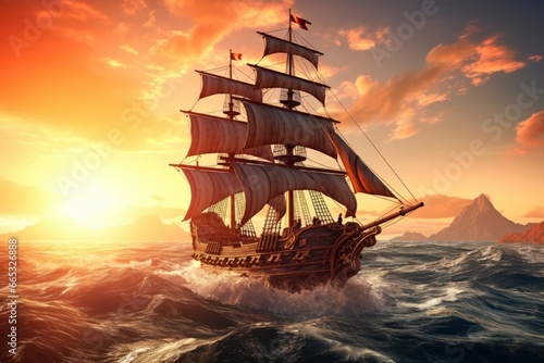Pirate ship sailing on the ocean at sunset. Vintage cruise.