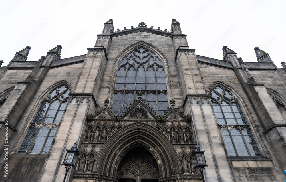 looking up at entrance to St. Giles Cathedral, Edinburgh, Scotland