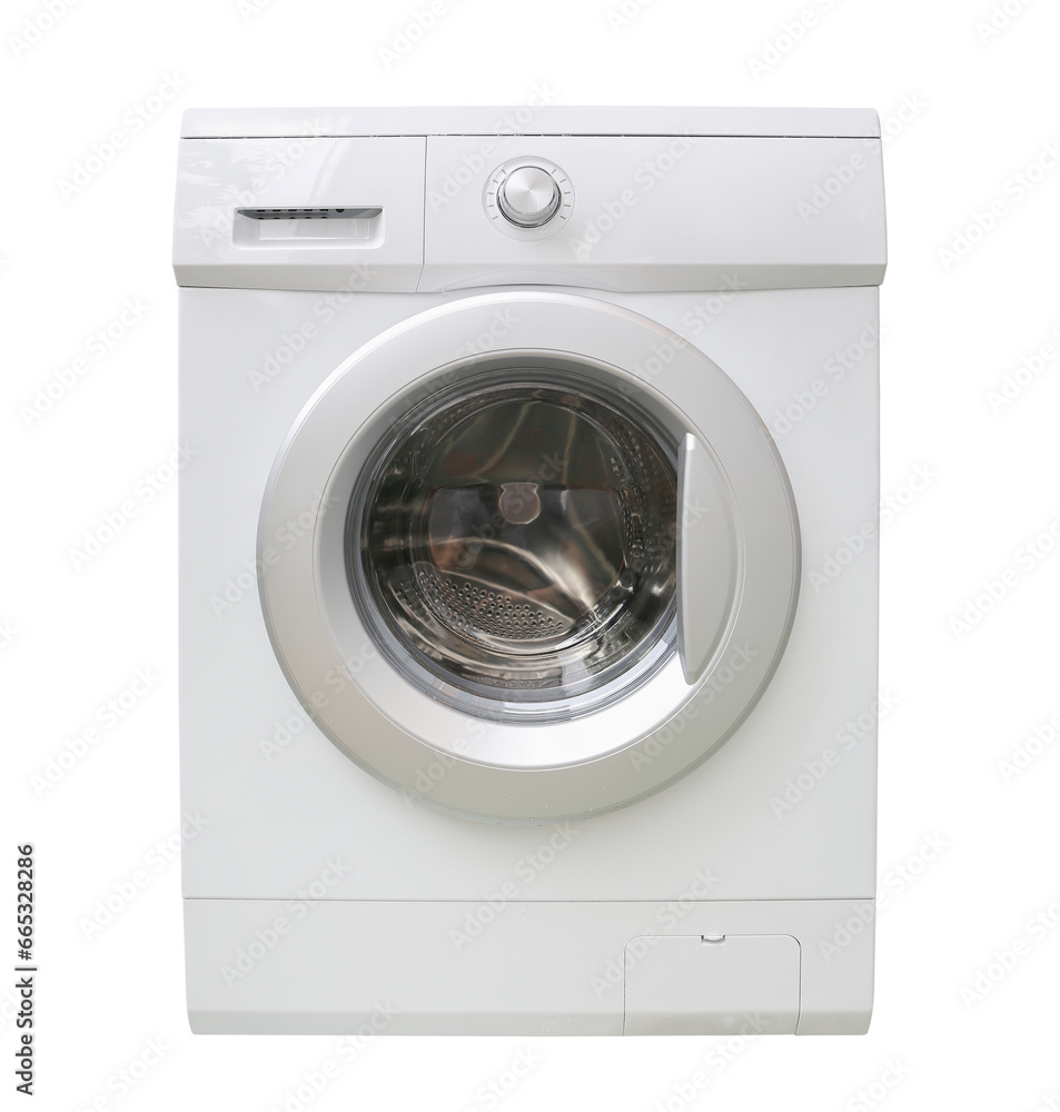 White Washing Machine Isolated on a White Background. Front Load Washer Machine with Electronic Control Panel. Home Appliances White Washing Machine Isolated on a White Background. Front Load Washer Machine with Electronic Control Panel. Home Appliances