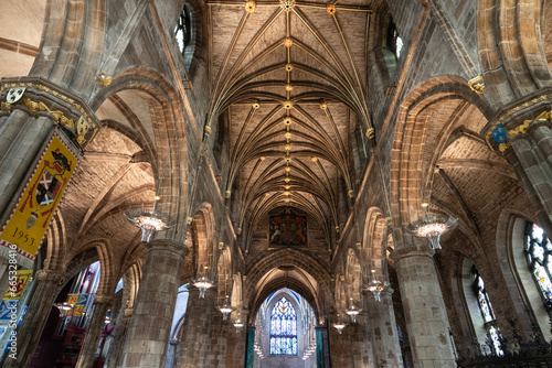 looking up at ceiling and windows at St. Giles Cathedral, Edinburgh, Scotland