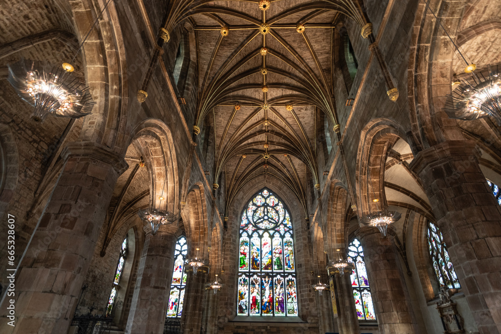 stained glass window and ceiling at St. Giles Cathedral, Edinburgh, Scotland