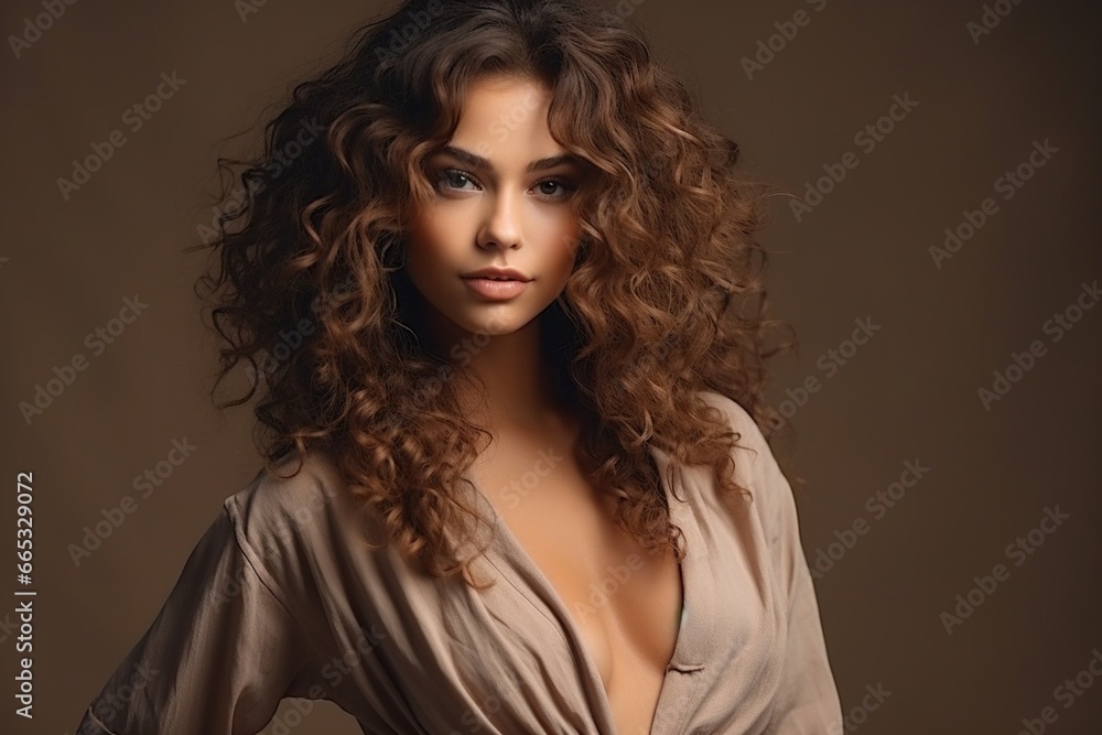 Generative AI : Captivating female model with curly hair and a slender sexual body poses elegantlyat, Generative AI : Captivating female model with curly hair and a slender sexual body poses elegantlyat,