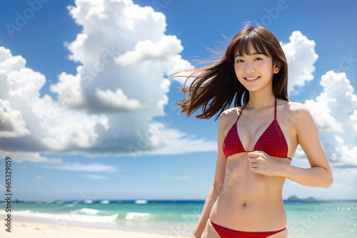 青空をバックに健康的に微笑む赤いビキニ姿の若い日本人女性