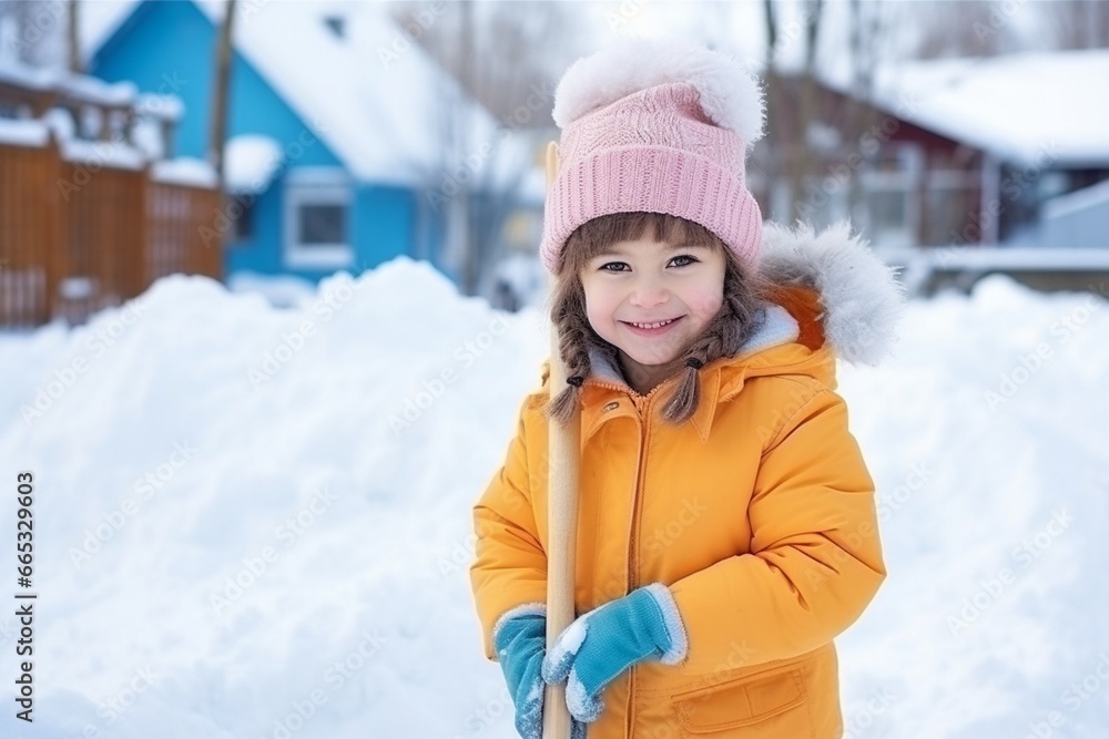 Generative AI : Adorable girl dig snow on playground covered with snow. Generative AI : Adorable girl dig snow on playground covered with snow.