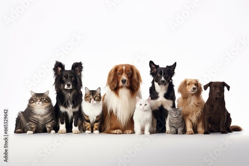 Generative AI : Different size and breed cats and dogs in a row together looking at camera over white © The Little Hut