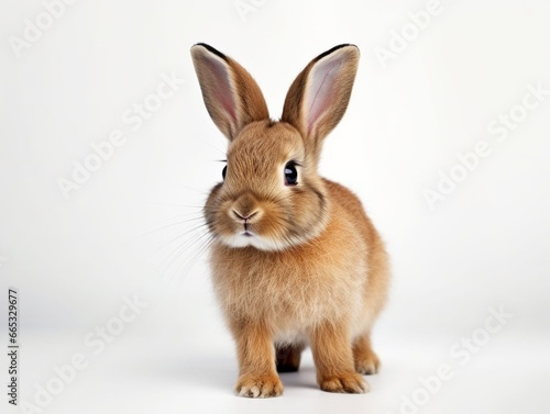 Generative AI : A healthy lovely baby brown bunny easter rabbit stand up on two legs on white background.