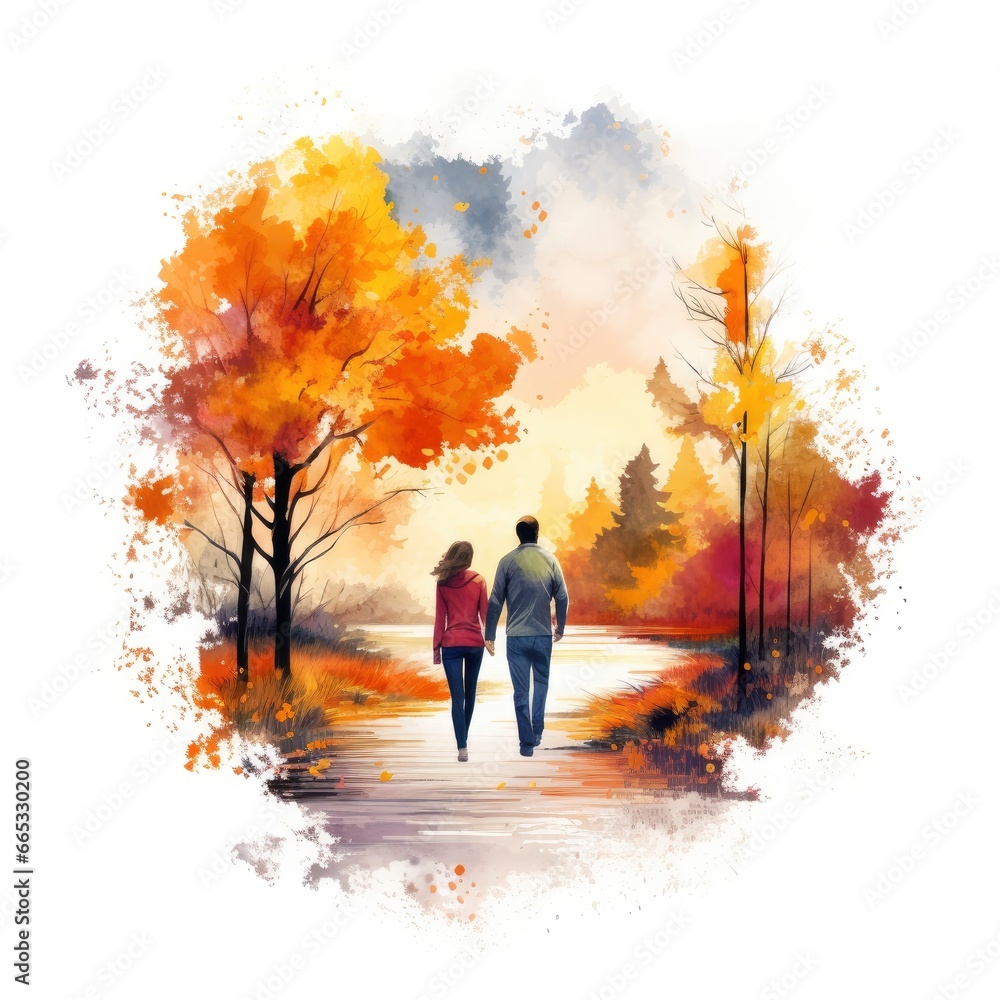Watercolor autumn landscape with a couple walking. Watercolor autumn landscape with a couple walking.