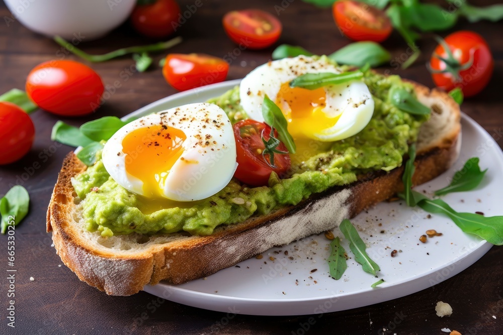Avocado toast with eggs and roasted tomatoes. Avocado toast with eggs and roasted tomatoes.
