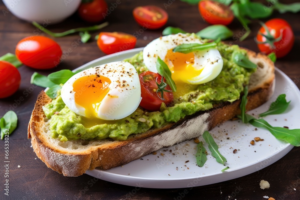 Avocado toast with eggs and roasted tomatoes.