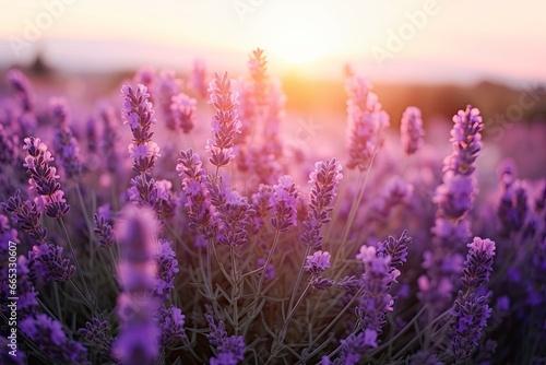 Close up lavender flowers in beautiful field at sunset.