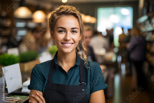 happy  young and attractive saleswoman, cashier serving customers,Smiling, The concept of maintenance and service. photo