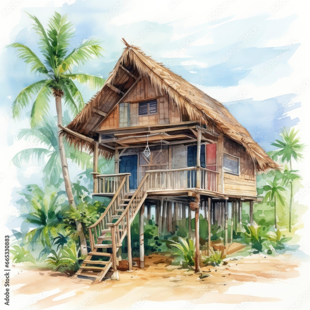 A watercolored bright serene image of a traditional bahay kubo. A watercolored bright serene image of a traditional bahay kubo.