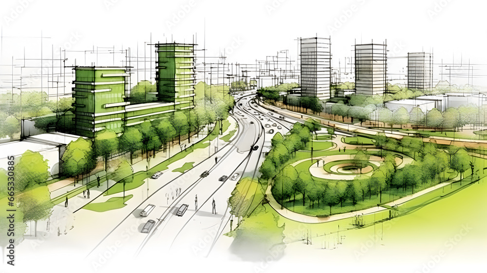 Sustainable urban design featuring eco - friendly elements. - obrazy, fototapety, plakaty 