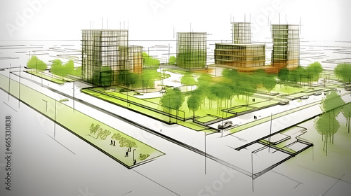 Sustainable urban design featuring eco - friendly elements.