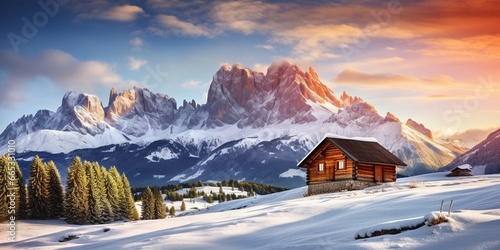 Generative AI : landscape with small wooden log cabin on meadow Alpe di Siusi on sunrise time photo